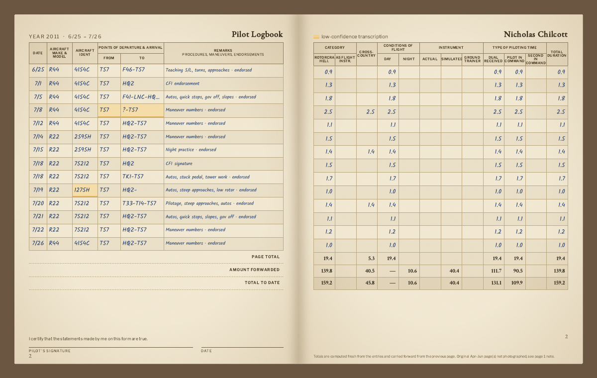 A paper pilot logbook spread